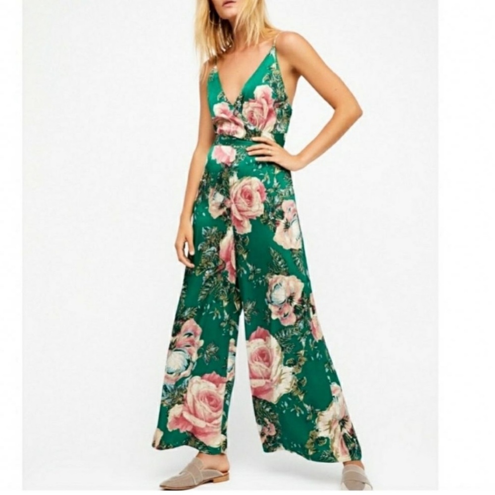 Free People Green Floral Wide-Leg Jumpsuit